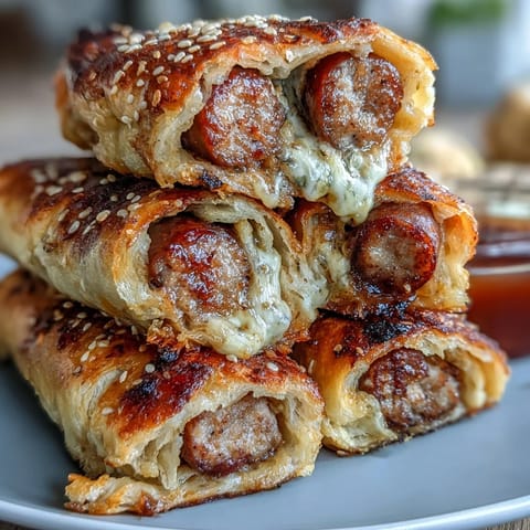 Mini pigs in a blanket with dipping sauce, golden pastry-wrapped sausages baked to perfection and served with tangy honey mustard sauce.  