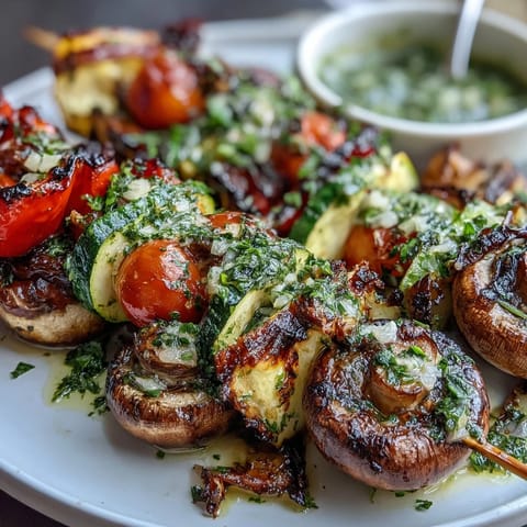 Vibrant grilled vegetable skewers with chimichurri, showcasing colorful bell peppers and zucchini.  