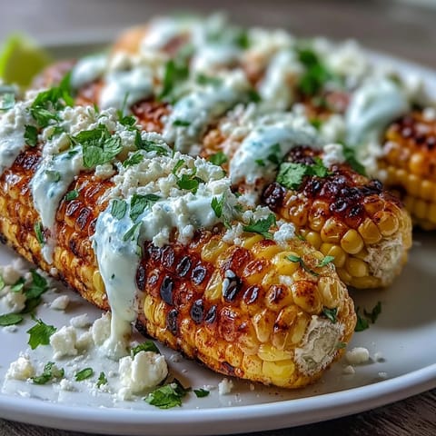 A steaming plate of elote-style microwave corn on the cob topped with creamy sauce and crumbled Cotija cheese.