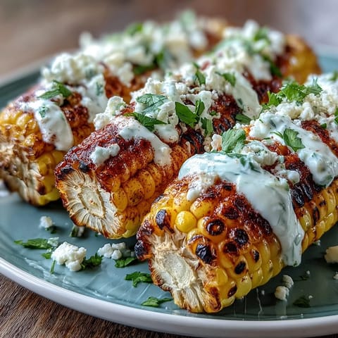 Golden corn cobs coated in tangy lime crema, dusted with chili powder and Cotija cheese, garnished with fresh cilantro.