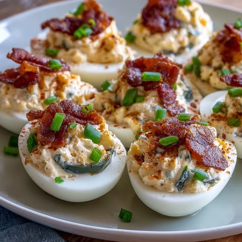 Spicy jalapeño popper deviled eggs with creamy filling, topped with crispy bacon and fresh jalapeño slices.