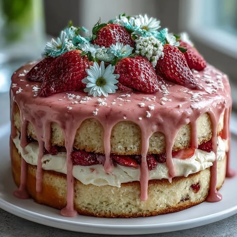 Vibrant Spring Cake with Floral White Chocolate Drip and Fresh Strawberries
