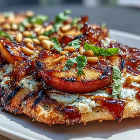 Grilled flatbread with BBQ sauce, melted Brie, and juicy peaches, topped with fresh basil.  