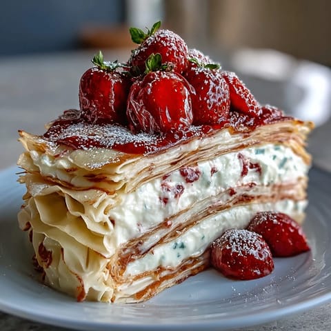 Decadent strawberry mascarpone Mother's Day Crêpe Cake, ready for celebration.