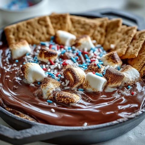Gooey 4th of July S'mores Dip bubbling golden brown in cast iron.