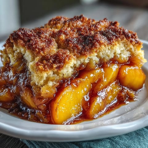 Juicy peaches baked under fluffy, tender biscuits, perfect for dessert.
