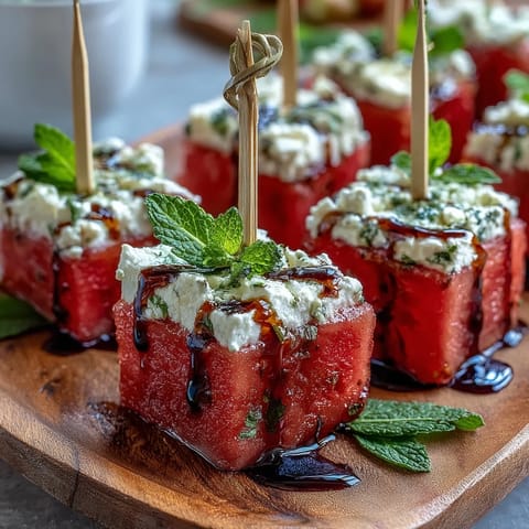 Juicy watermelon feta bites, bursting with flavor and easy party finger food.