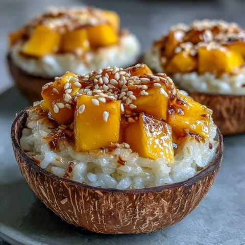 Sweetened Coconut Mango Sticky Rice Cups, a tropical treat garnished with toasted seeds.