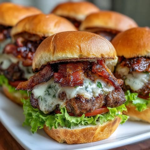 Juicy, cheesy Father's Day grilled bacon burger sliders fresh off the grill.