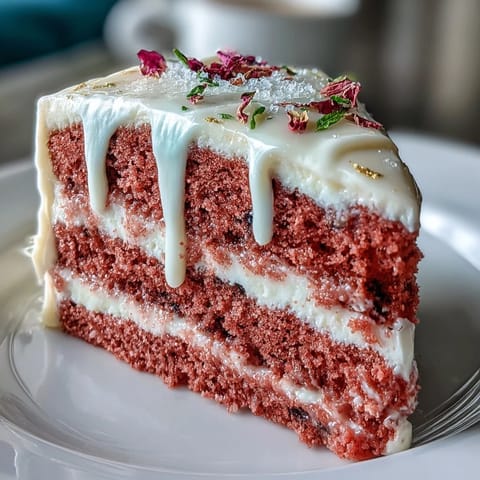 Elegant Bridal Shower Rosé Velvet Cake, moist and lightly pink, with glistening gold.