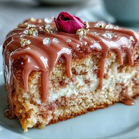 Pink velvet cake infused with rosé, dripping with edible gold.