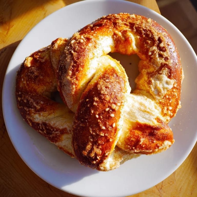 A close-up of delicious cinnamon sugar pretzels, a comforting snack with a sweet, cinnamony aroma.