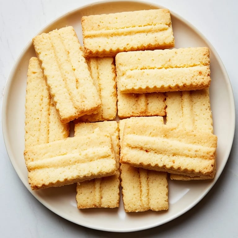 Close-up of buttery, slightly browned shortbread cookies offering a delightful, sweet, crumbly bite.