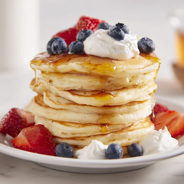 Warm silver dollar pancakes sit ready to eat, a delightful stack with whipped cream piled high.
