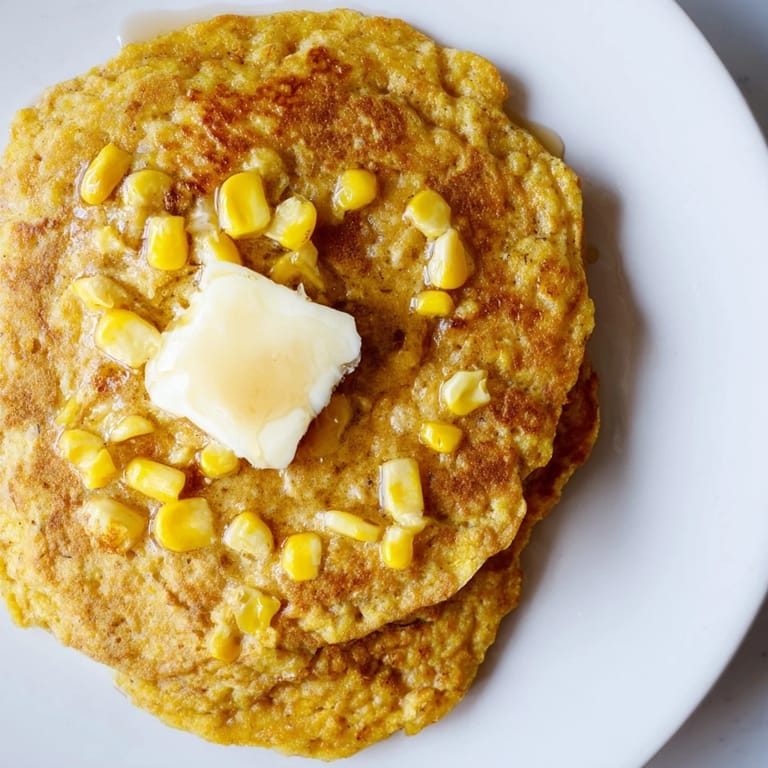 Freshly made corn flapjacks, with lightly browned edges, perfect for a cozy American brunch setting.