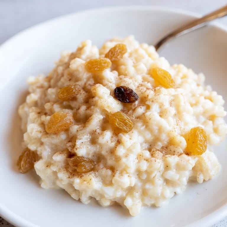 Close up shot of warm rice pudding, a classic dessert recipe with milk and sugar.