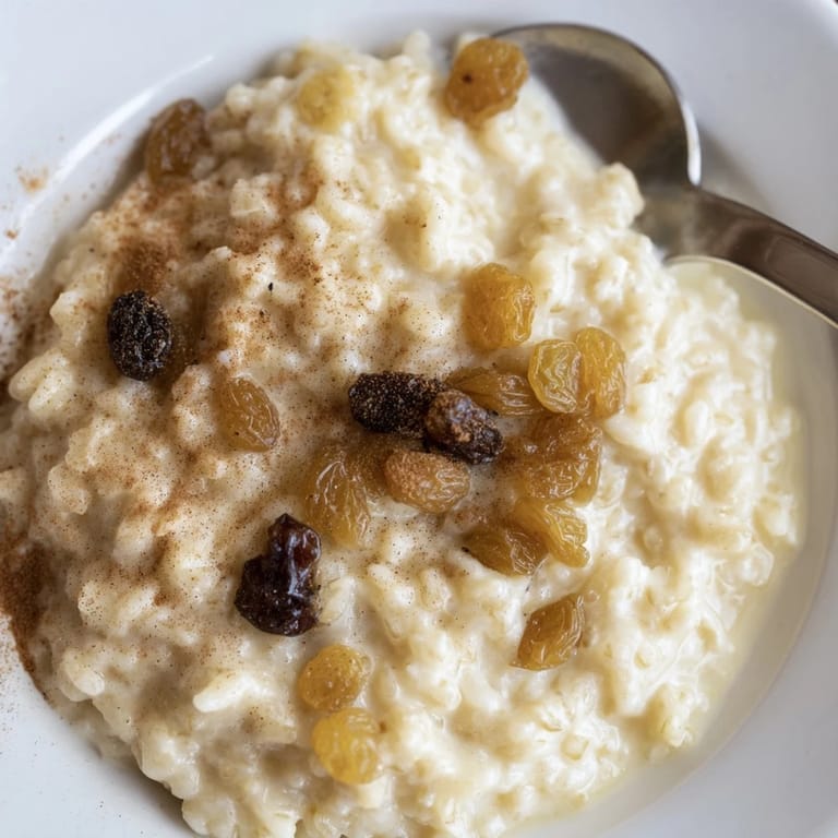 Golden-brown, bubbly rice pudding being served with a dusting of nutmeg for a treat.