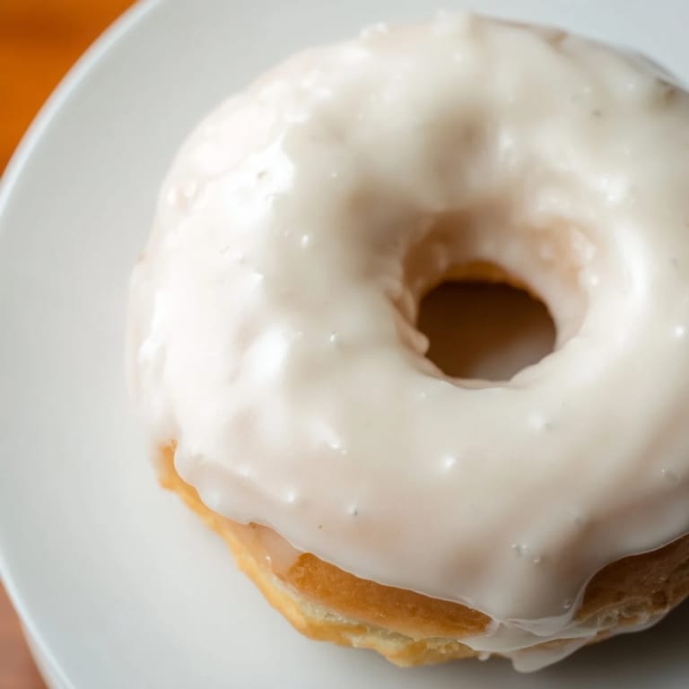Warm, glazed Glazed Yeast Donuts, showing the fluffy interior after being freshly fried and dipped.