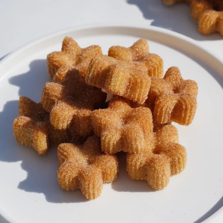 Close-up of golden brown Churro Bites, lightly dusted, begging to be dipped in chocolate.