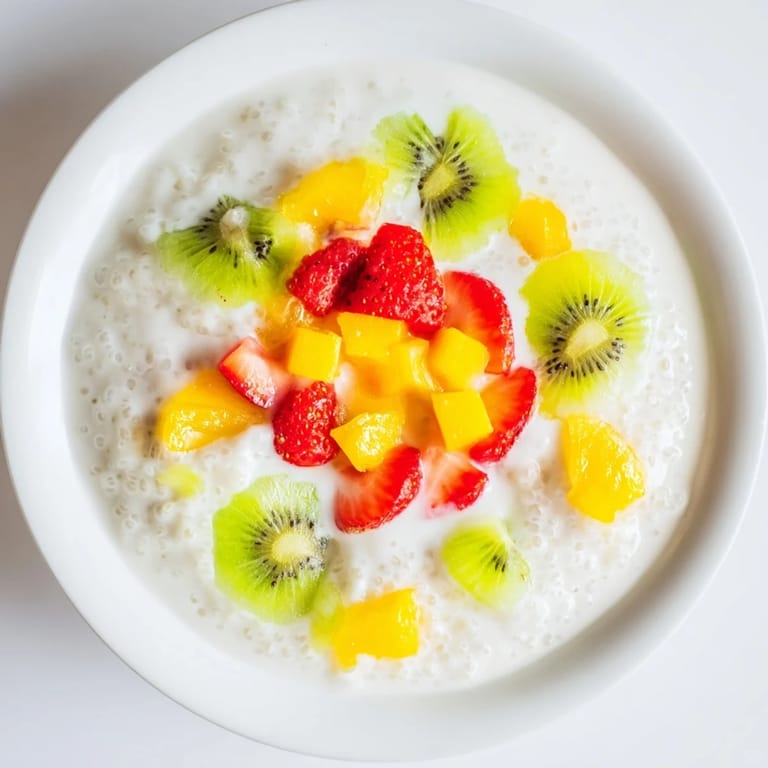 Creamy, chilled Tapioca Pudding, served alongside colorful fresh fruit for a sweet treat.