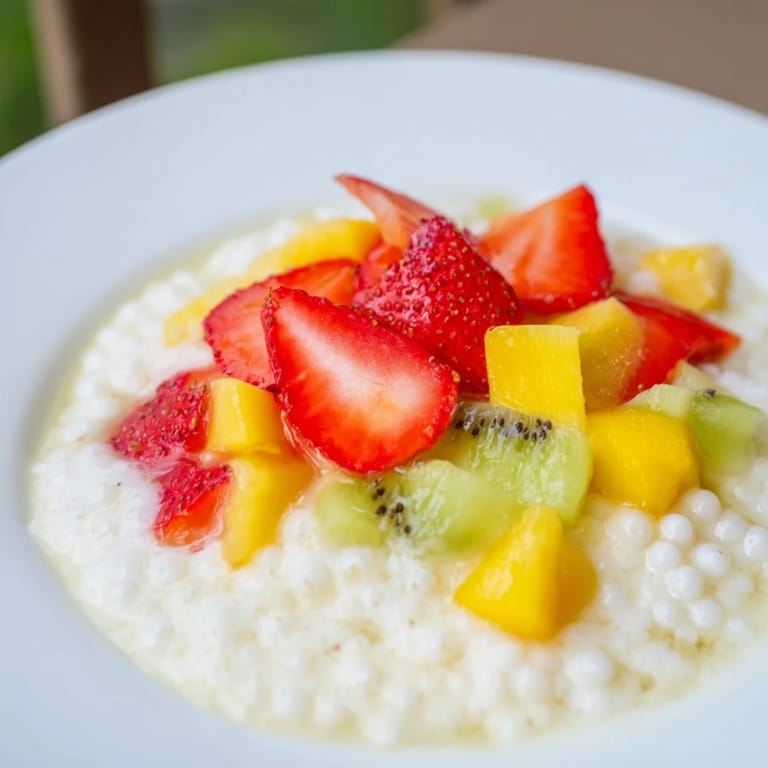 A close-up of thick, vanilla-infused Tapioca Pudding with glistening, translucent pearls and a fruit topping.