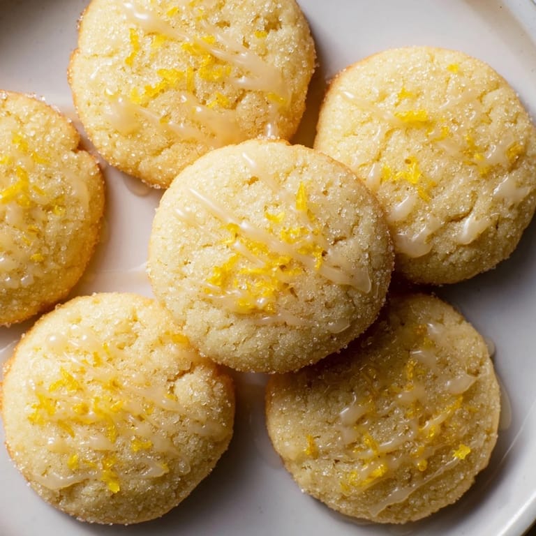 Close-up of freshly baked Lemon Sugar Cookies, drizzled with bright citrus glaze for a delicious treat.