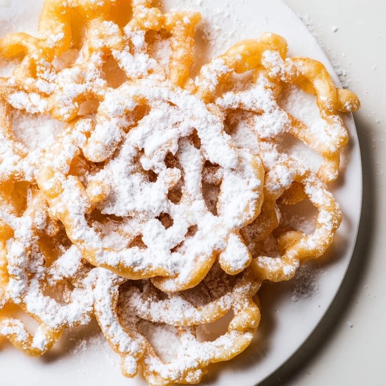 Lacy, fried funnel cakes, a delicious American treat with a sweet powdered sugar dusting on top.