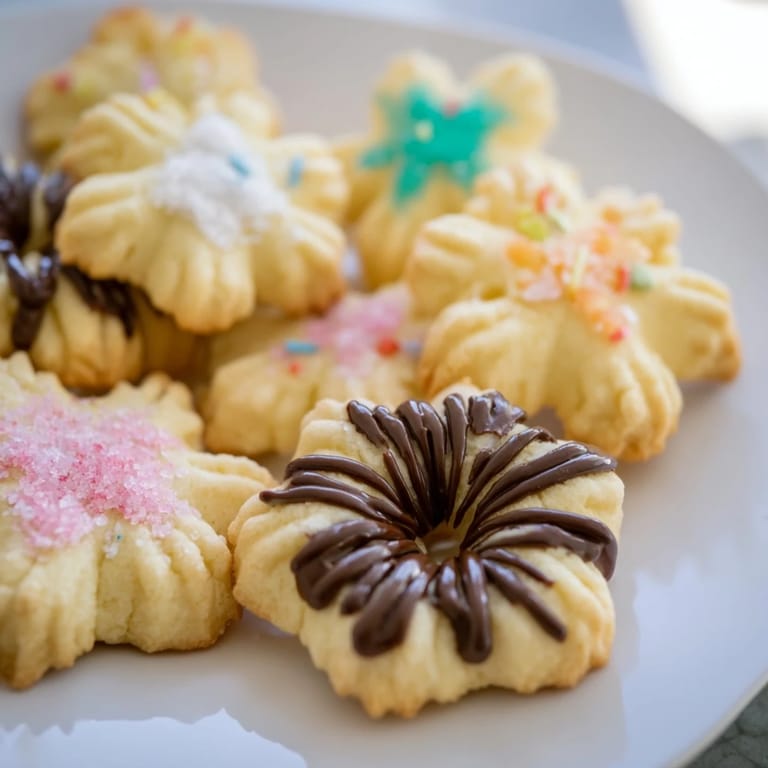 A close-up of freshly baked Spritz Cookies: crisp, delicate shapes, with colorful sprinkles on top.