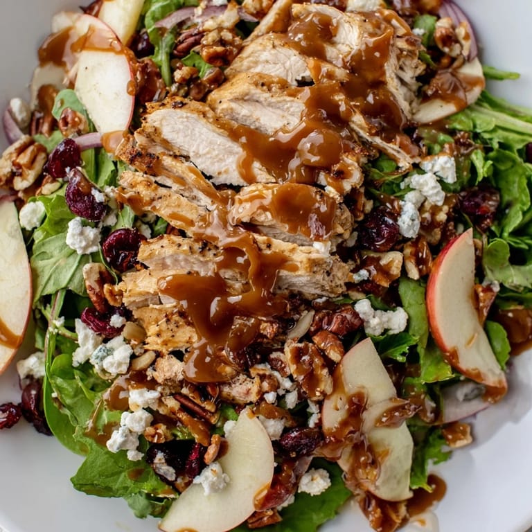 Savory-sweet Caramel Apple Chicken Salad served on a white platter, perfect for a healthy gluten-free main dish dinner.