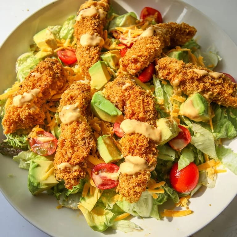 A close-up of Crispy Chicken Taco Salad shows crunchy tortilla strips and creamy salsa ranch drizzle.