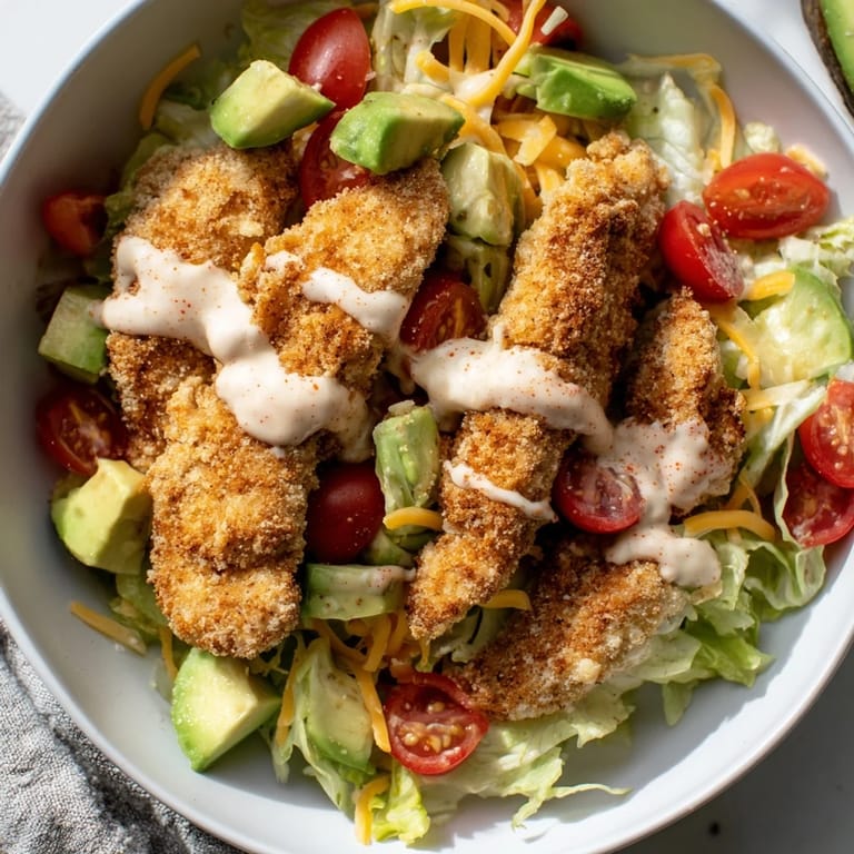 For a vibrant lunch, enjoy Crispy Chicken Taco Salad loaded with corn, black beans, and cheddar.