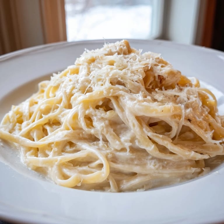 A close-up of silky roasted garlic cream sauce clinging to al dente fettuccine, with a glass of white wine nearby.