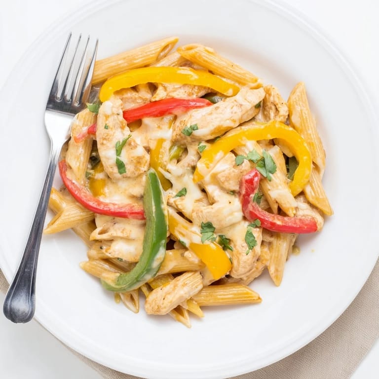 A steaming skillet of Chicken Fajita Pasta with colorful peppers, onions, and creamy sauce.