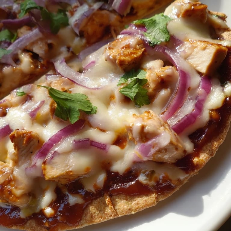 Golden BBQ chicken flatbread with bubbly cheese and extra drizzle, perfect for a quick weeknight dinner.