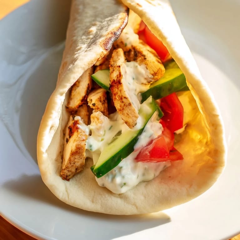 Freshly assembled Mediterranean pita sandwich filled with juicy chicken, crisp vegetables, and a dollop of dill sauce.