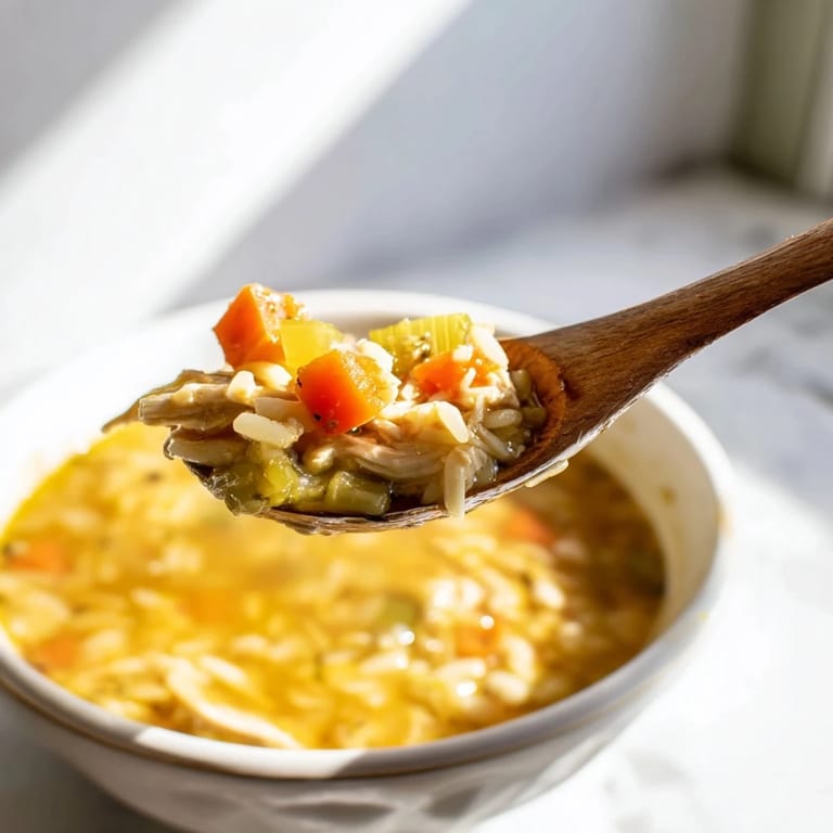 Tender chicken and orzo pasta in a bright, lemony broth, dotted with carrots and celery for a nourishing meal.