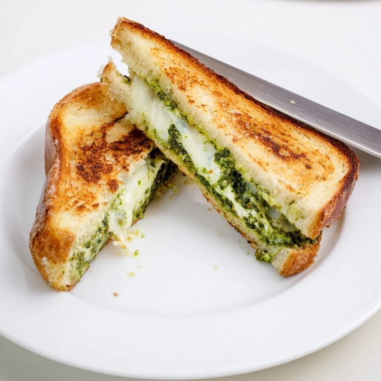 Homemade spinach pesto grilled cheese cut diagonally, revealing layers of garlicky pesto and sharp cheddar on a rustic board.