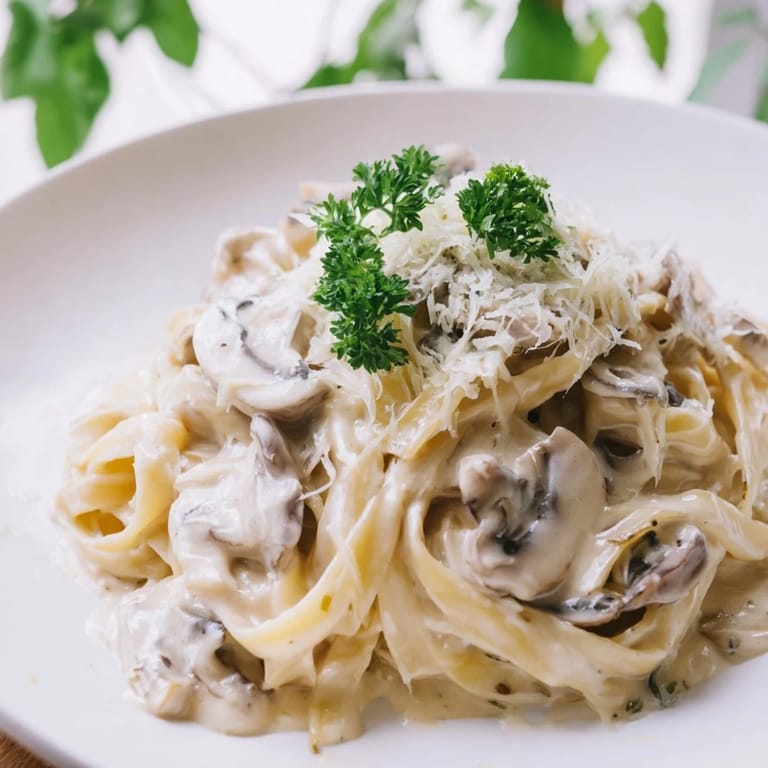 A close-up of steaming Creamy Mushroom Alfredo, highlighting the glossy sauce coating every strand of pasta.