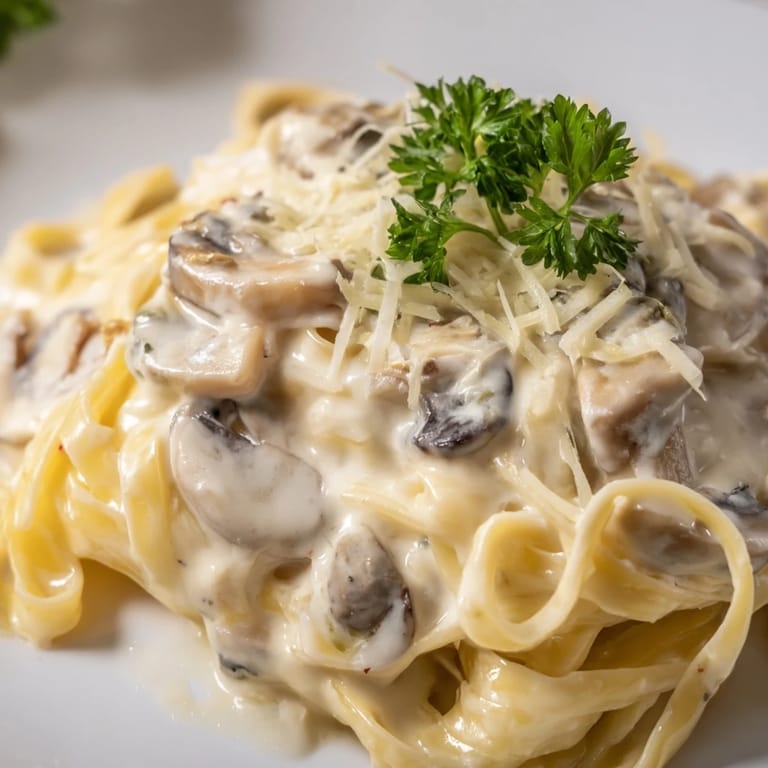 Velvety Creamy Mushroom Alfredo pasta served hot, garnished with fresh parsley and extra Parmesan cheese.