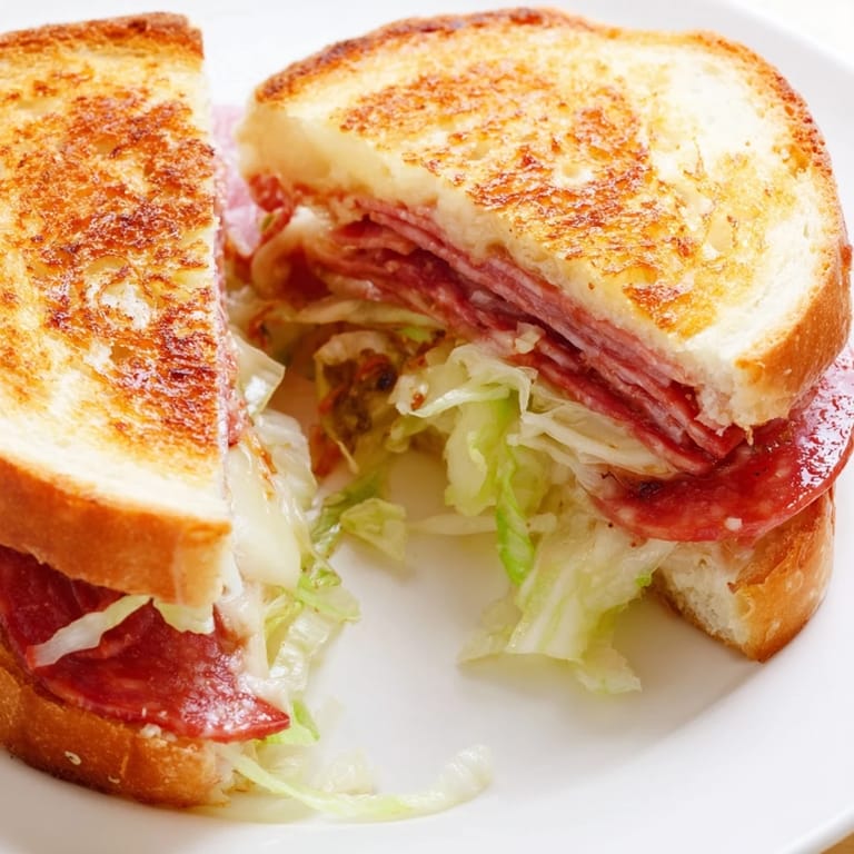 A skillet-held Italian sub grilled cheese, crisped to perfection, ready to serve with a side of kettle chips for a satisfying meal.