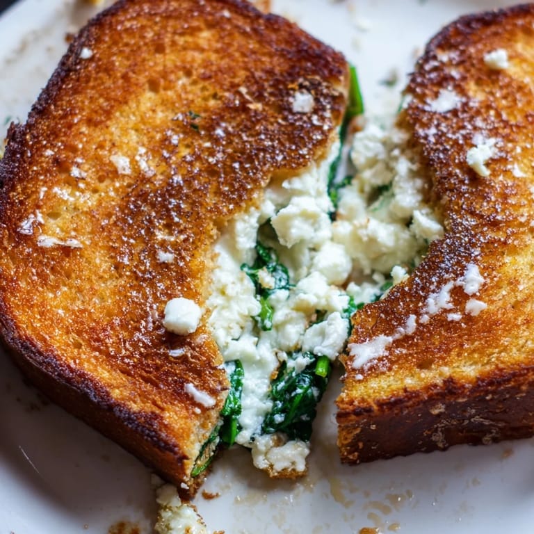 Mouthwatering Feta & Spinach Stuffed Grilled Cheese sandwich halves stacked beside a bowl of creamy tomato soup.