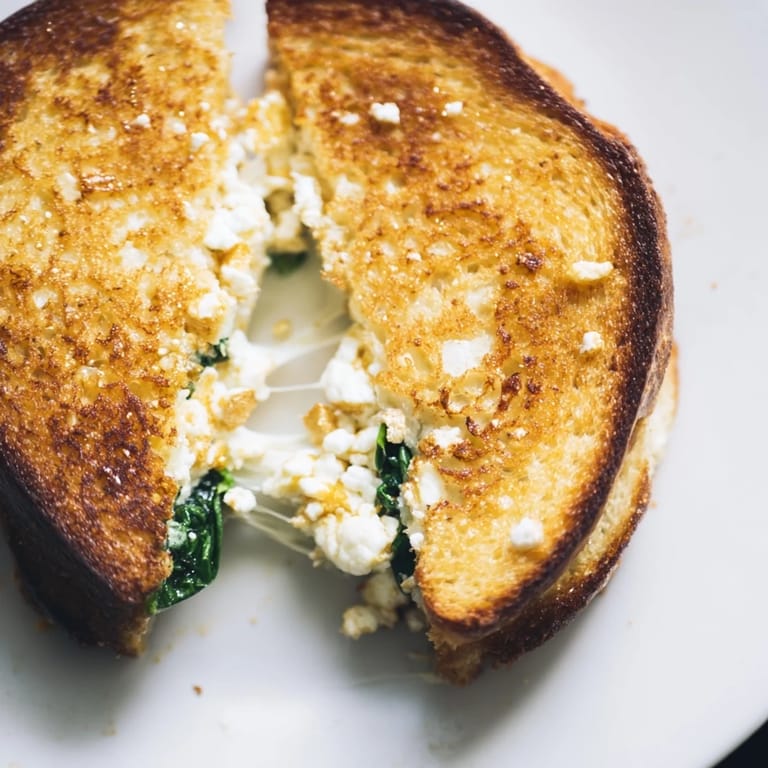 Warm Feta & Spinach Stuffed Grilled Cheese cut diagonally, revealing melted mozzarella and vibrant sautéed spinach filling.