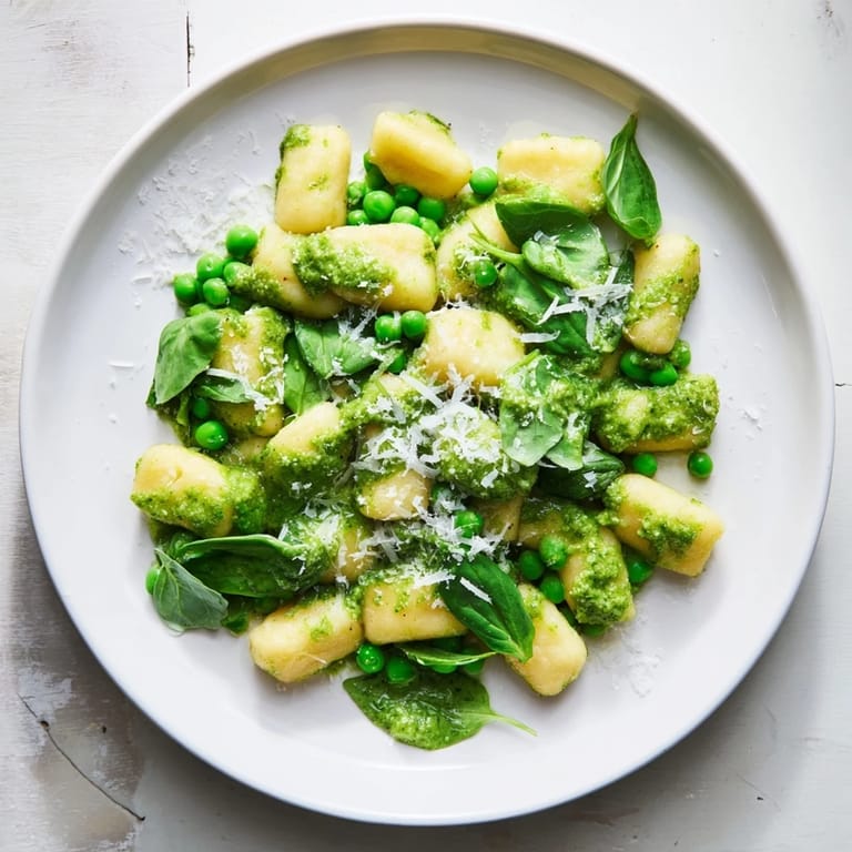 Pesto pea gnocchi skillet features tender gnocchi and sweet peas coated in herbaceous pesto, served hot for a quick weeknight dinner.