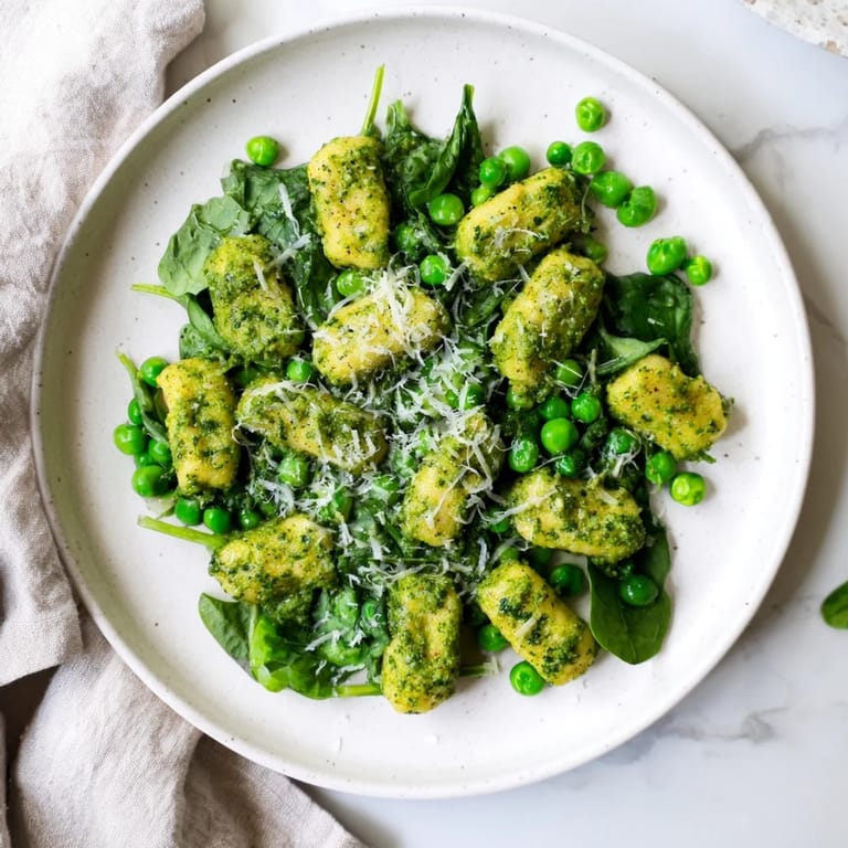 A colorful skillet dish of pan-fried gnocchi and peas in basil pesto, ready to garnish with Parmesan and fresh herbs.