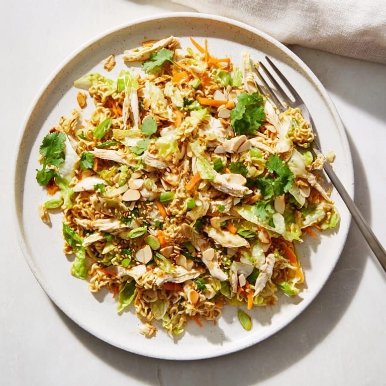 A fork lifts crunchy instant ramen noodles, tender rotisserie chicken, and fresh cilantro from this vibrant Asian-American salad.