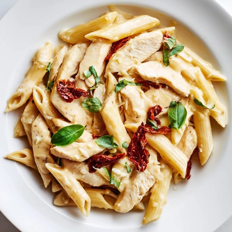 Ready to serve Creamy Sun-Dried Tomato Chicken Pasta plated with a fork, showcasing al dente penne, tender chicken, and a luscious, sun-dried tomato cream sauce.
