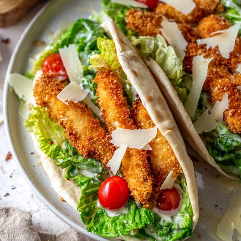 A handheld meal of Crispy Chicken Caesar Pita, drizzled with dressing and served with a lemon wedge.