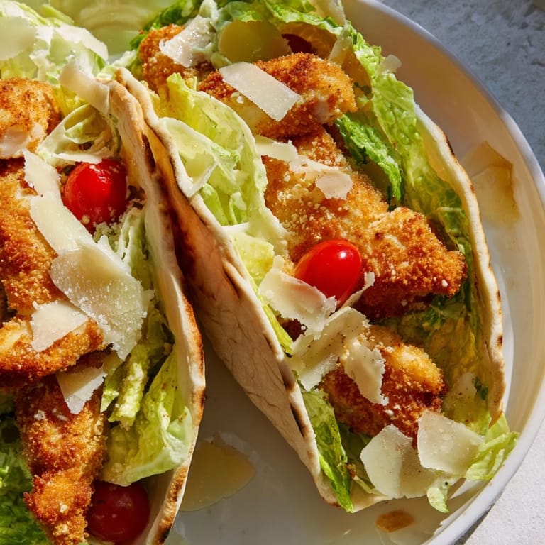 Close-up of Crispy Chicken Caesar Pita with shaved Parmesan and halved cherry tomatoes peeking out.