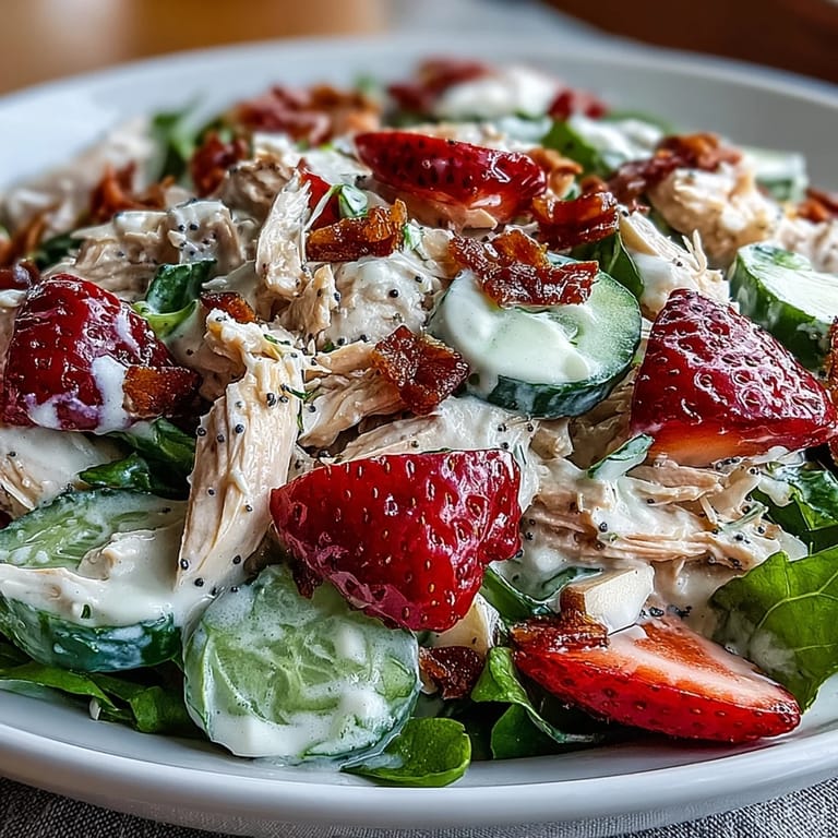 Healthy Strawberry Poppy Seed Chicken Salad, a fluffy chicken dish with crisp greens.