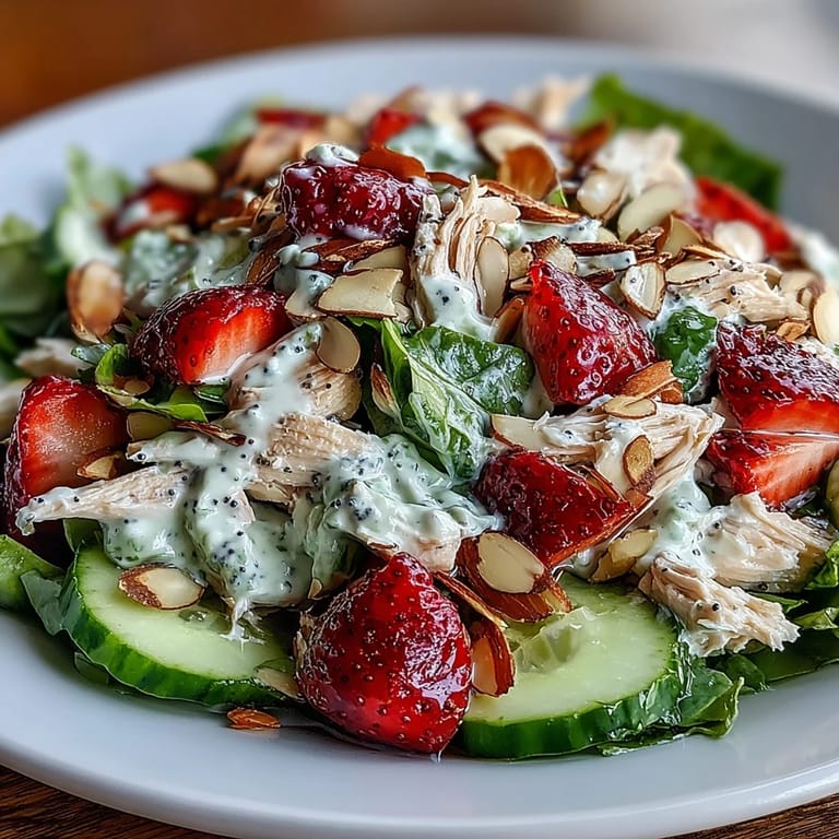 Refreshing Strawberry Poppy Seed Chicken Salad, a flavorful lunch with crunchy almonds.
